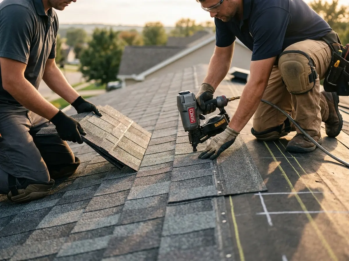 Professional roofer working on a residential roof in Eastampton